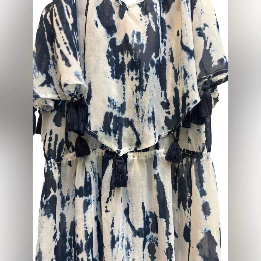Abercrombie & Fitch Tassel Maxi Dress – Sheer Blue/White Tie Dye Beach Coverup🌊